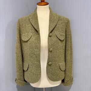 VTG Mossy Green Wool Jacket Femme Flap Pockets Funky Floral Liner, Size 8P